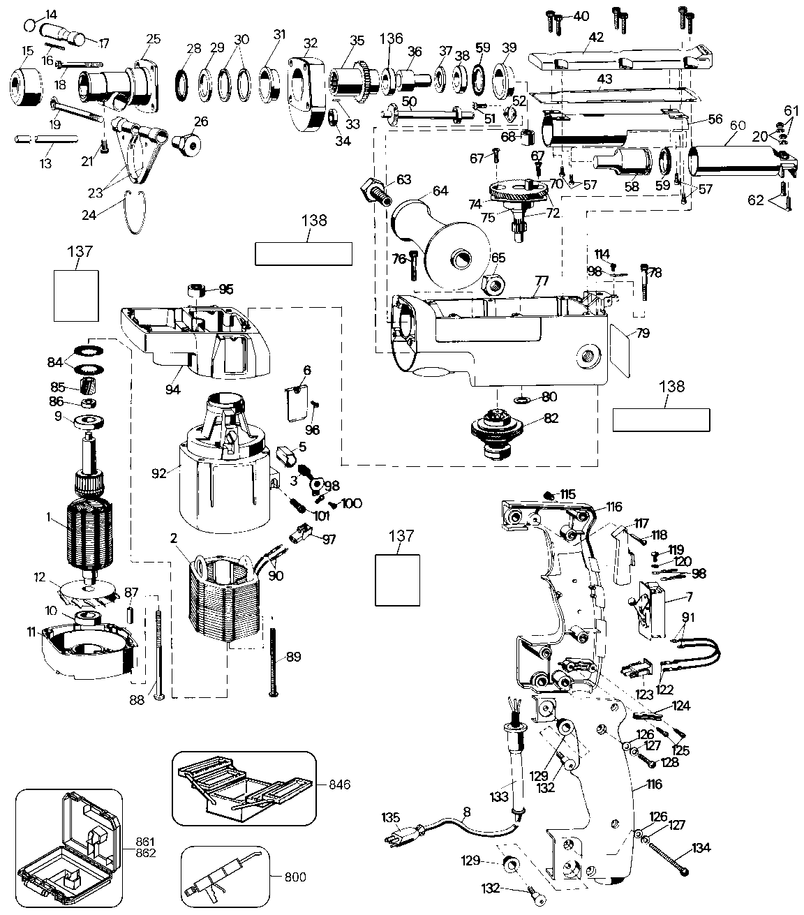 Default Diagram and Parts List for 5045K Type 100 Black and Decker Electric Drill